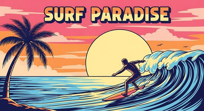 Surfer riding wave at sunset tropical beach scene illustration - Powered by Adobe