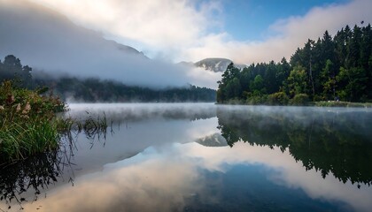 Fototapeta premium Misty lake reflecting trees and sky with low clouds, calming scenery