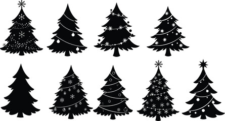 PrintSilhouette collection of decorated Christmas trees, festive pine tree designs, holiday season decoration elements, isolated black vector illustration on white background