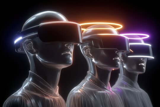 Three holographic humanoid heads wearing VR headsets with neon halos in a dark studio - Powered by Adobe