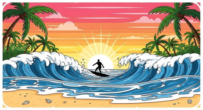 Surfer riding wave at sunset tropical beach scene vector illustration