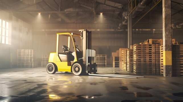 Yellow forklift in a warehouse with wooden pallets and industrial lighting, empty concrete floor, logistics and material handling concept. - Powered by Adobe