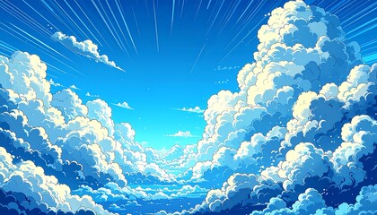 Vast, bright blue sky filled with cumulus clouds, depicted in an anime style, radiates with streaks of light