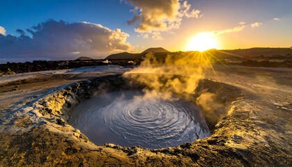Volcanic hot spring with steam swirling in pool at sunset. Sun rays. Rugged landscape