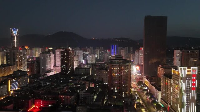 Lanzhou City Night Aerial View - Illuminated Skyline and Urban Lights