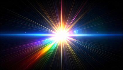 Fototapeta premium まばゆい白い光が虹色の光線となって広がる抽象アート。爆発的な輝きと放射状のエネルギーを表す背景