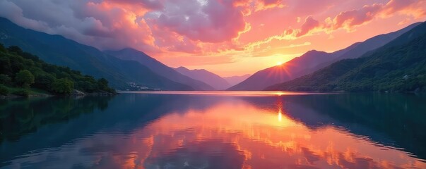 A serene landscape featuring a tranquil lake reflecting a vibrant sunset, surrounded by lush green hills and majestic mountains Ideal for travel, nature, and serenity themes , reflection, harmony