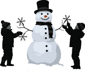 PrintSnowman with children, winter fun, holiday scene, snowy day, playful kids, carrot nose, coal smile, festive moment, outdoor activity, seasonal joy