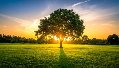 Lone tree in a grassy field basks in warm golden sunlight against a blue sky at sunset