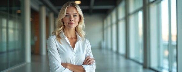Confident businesswoman with arms crossed in modern office hall. Successful young pro woman looks at camera. Beautiful blonde manager smiles in corporate business center lobby. Portrait of happy