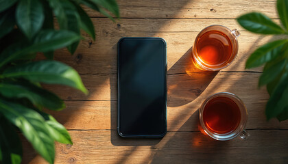 Smartphone and two tea cups sit on a rustic wooden table. Sunlight casts leaf shadows, creating a serene, cosy atmosphere. This scene promotes relaxation and mindful living.