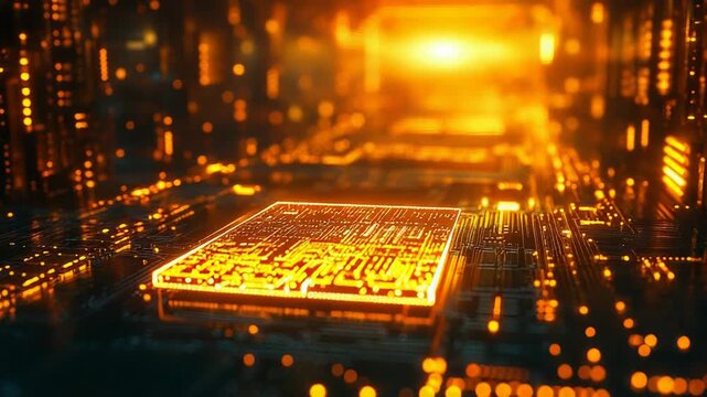 Computer chip processing data on glowing circuit board