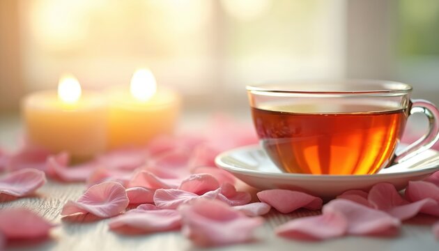 A glass cup of herbal tea sits among pink rose petals on a table. Lit candles create a warm relaxing atmosphere for a spa or wellness ritual. A peaceful cozy moment for self care mindfulness at home.