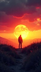 A solitary figure, silhouetted against a breathtaking sunset, finds serenity in the vast, empty landscape The beauty of nature is amplified by the feeling of peaceful solitude , solitude, majesty