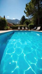 Fototapeta premium A sparkling blue swimming pool on a sunny summer day, inviting and refreshing Perfect for relaxation and summer fun The water shimmers under the bright sun , backyard pool, resort