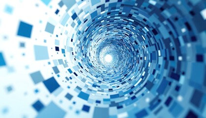 Blue, white squares, pixels form dynamic spiral tunnel effect. Digital abstract background shows fast data moving through tech wormhole. Represents global information flow, internet speed, cyberspace