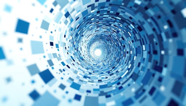 Blue, white squares, pixels form dynamic spiral tunnel effect. Digital abstract background shows fast data moving through tech wormhole. Represents global information flow, internet speed, cyberspace