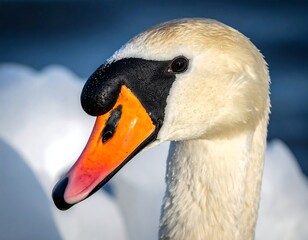 Fototapeta premium A close-up portrait showcases a swan's head, highlighting its striking orange bill and sleek black facial markings against blurry water