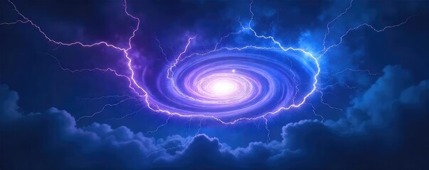 A swirling vortex of luminous blue and purple lightning, crackling with energy against a dark, stormy sky Powerful, ethereal, and awe-inspiring natural phenomenon , cosmic, tempest, ionosphere