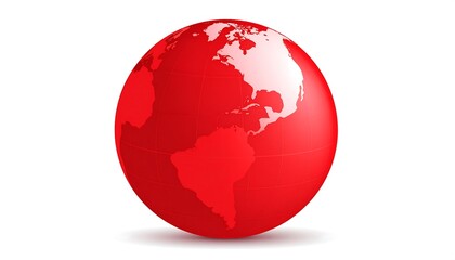 Red earth globe showing continents on a white background with a drop shadow to the bottom left corner