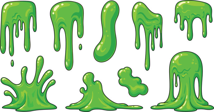 Illustration of set of green slime drips collection of dripping mucus, goo or liquid paint cartoon vector illustration of toxic ooze blobs