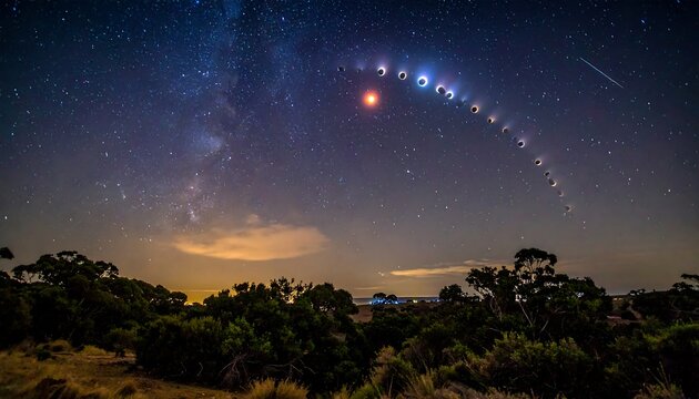 Sequential shots capture lunar eclipse over silhouetted trees under a starry, milky way sky