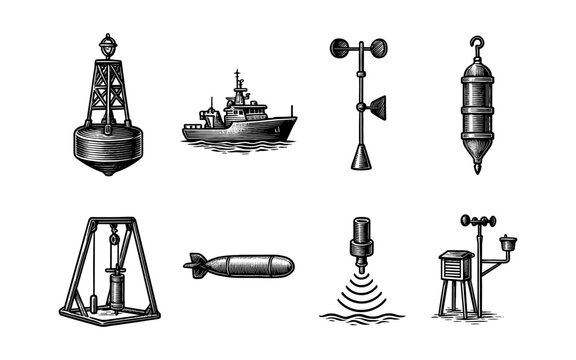 Maritime exploration and measurement devices collection in vintage engraving style