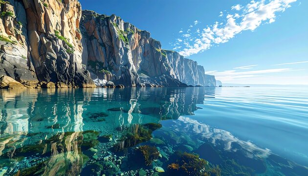Rocky cliffs meet clear turquoise sea, reflected sky above. A serene coastal vista on a sunny day