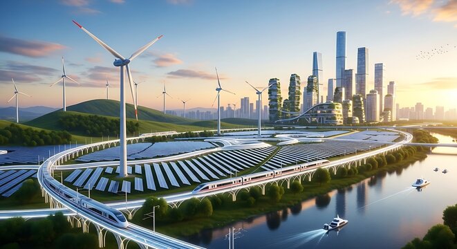 Sustainable cityscape with wind turbines solar panels train and futuristic buildings