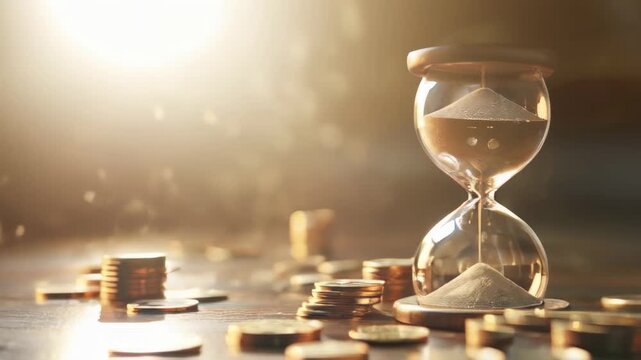This visual highlights the relationship between time and money, showcasing an hourglass set against a background of scattered coins, with light illuminating the scene.