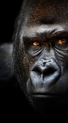 Obraz premium Close-up portrait of a gorilla with intense amber eyes and dramatic lighting. 