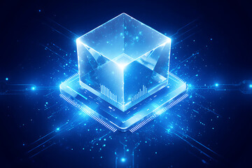 Glowing digital cube represents abstract technology and data flow in a futuristic network.