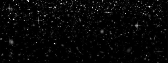 Dark sparkling background with glowing white stars and shiny particles.Vector for magical, Festive,Luxury,Night themed designs in advertising,Presentations,Digital creative projects