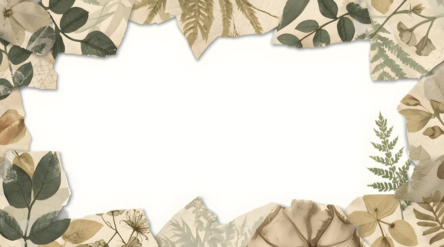 Vintage botanical illustrations on torn paper pieces form a decorative frame around a blank white space.