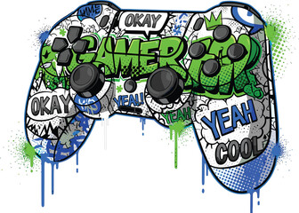 Illustration of a graffitistyle game controller with vibrant green and blue accents, adorned with words like gamer, okay, and yeah cool, set against a stark © Ruhanul