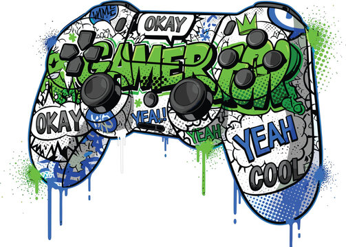 Illustration of a graffitistyle game controller with vibrant green and blue accents, adorned with words like gamer, okay, and yeah cool, set against a stark