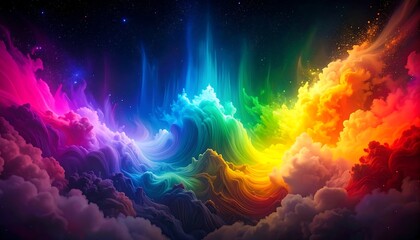 Naklejka premium Vibrant, painterly sky filled with bright, cloud-like formations in a rainbow spectrum against a dark, starry background