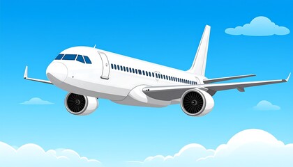 Obraz premium White passenger airplane flying in a bright blue sky with white fluffy clouds, shown in a cartoon style