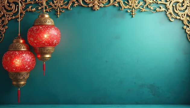 Two elegant red ornate lanterns with shining gold elements hang. Detailed golden border frames teal wall. Lanterns glow bright, providing luxurious festive cultural backdrop. Photo highlights - Powered by Adobe