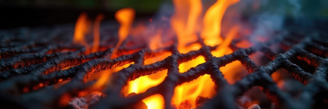 Close-up shot of vibrant, flickering grilling flames licking at the dark metal grate, intense heat radiating upwards Perfect for barbecue, cooking, food, and summer themes , dark, culinary, yellow