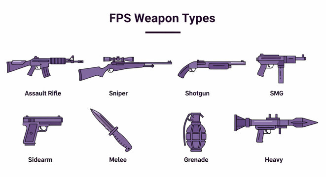 An infographic illustrating eight distinct types of FPS weapons in purple and black outlines