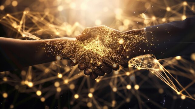 Two hands shaking with a glowing network of connections in the background. The scene symbolizes partnership and technology.