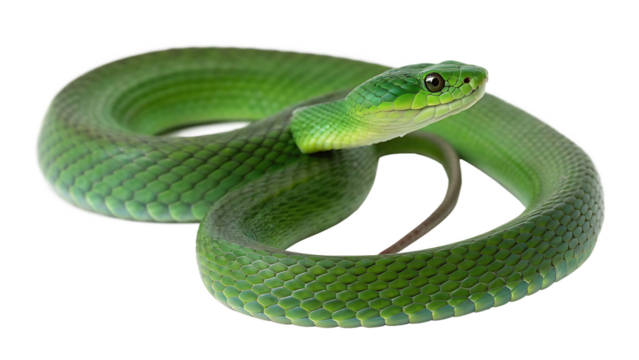 The emerald serpent uncoiled cut out on PNG. AI generated.
