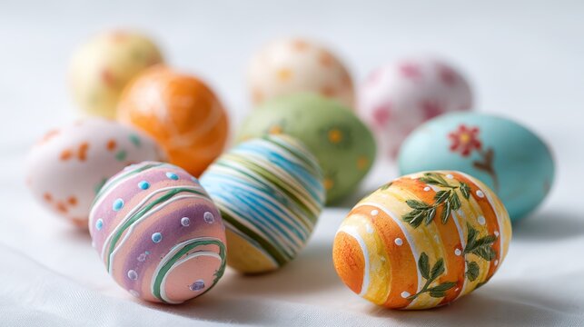 Handmade colorful Easter eggs on a clean white background with painted stripes, dots and florals