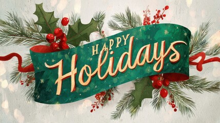 Hand-painted style holiday banner in red and green palette with festive typography