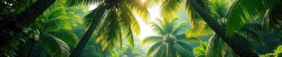 Naklejka premium Dense palm trees form a lush green canopy, sunlight filtering through leaves to the forest floor Perfect for travel, vacation, tropical, nature themes , travel, natural beauty
