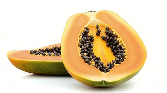 A vibrant and fresh papaya is beautifully presented, cut in half lengthwise to reveal its lush, bright orange flesh and numerous glossy black seeds. The tropical fruit lies against a clean, plain whit