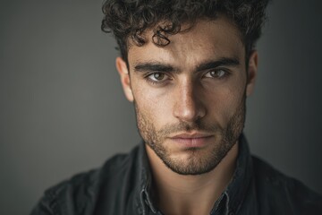 Obraz premium Head-and-shoulders portrait of a thoughtful man under studio lighting