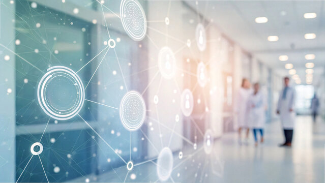 Digital illustration of a blue nodes with a hospital, technology medical concept backdrop - Powered by Adobe