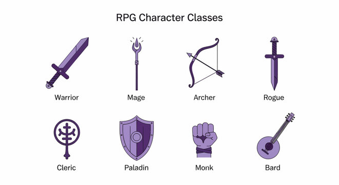 Infographic illustrating eight distinct purpletoned RPG character classes with associated icons